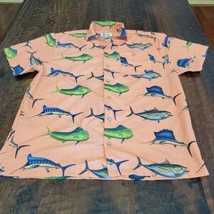 Uzzi Amphibious Gear Hawaiian Shirt Mens Medium Pink‎ Button Up Short Sleeve